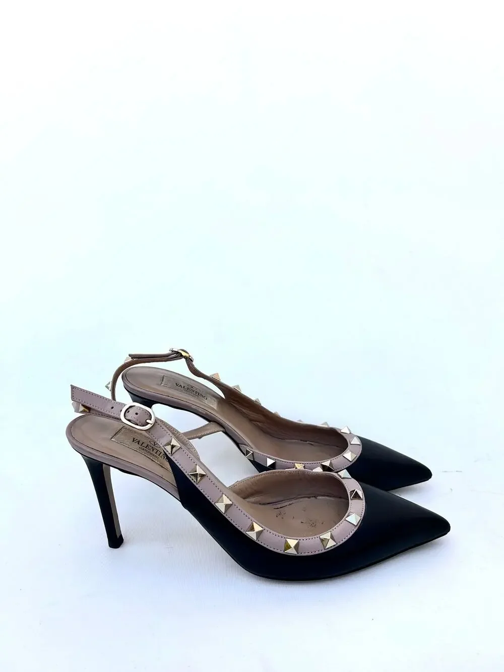 Valentino Garavani Rockstud Slingback Low Kitten Heels Black Nude 39 US 9